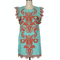 THML Aqua & Orange Embroidered Shift Dress - Size S