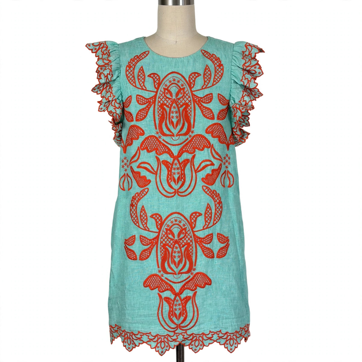 THML Aqua & Orange Embroidered Shift Dress - Size S