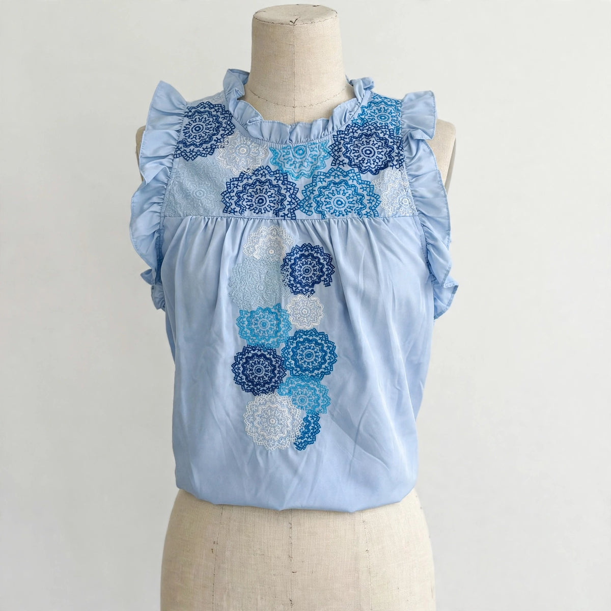 THML Blue Embroidered Ruffle Sleeveless Top - Size S