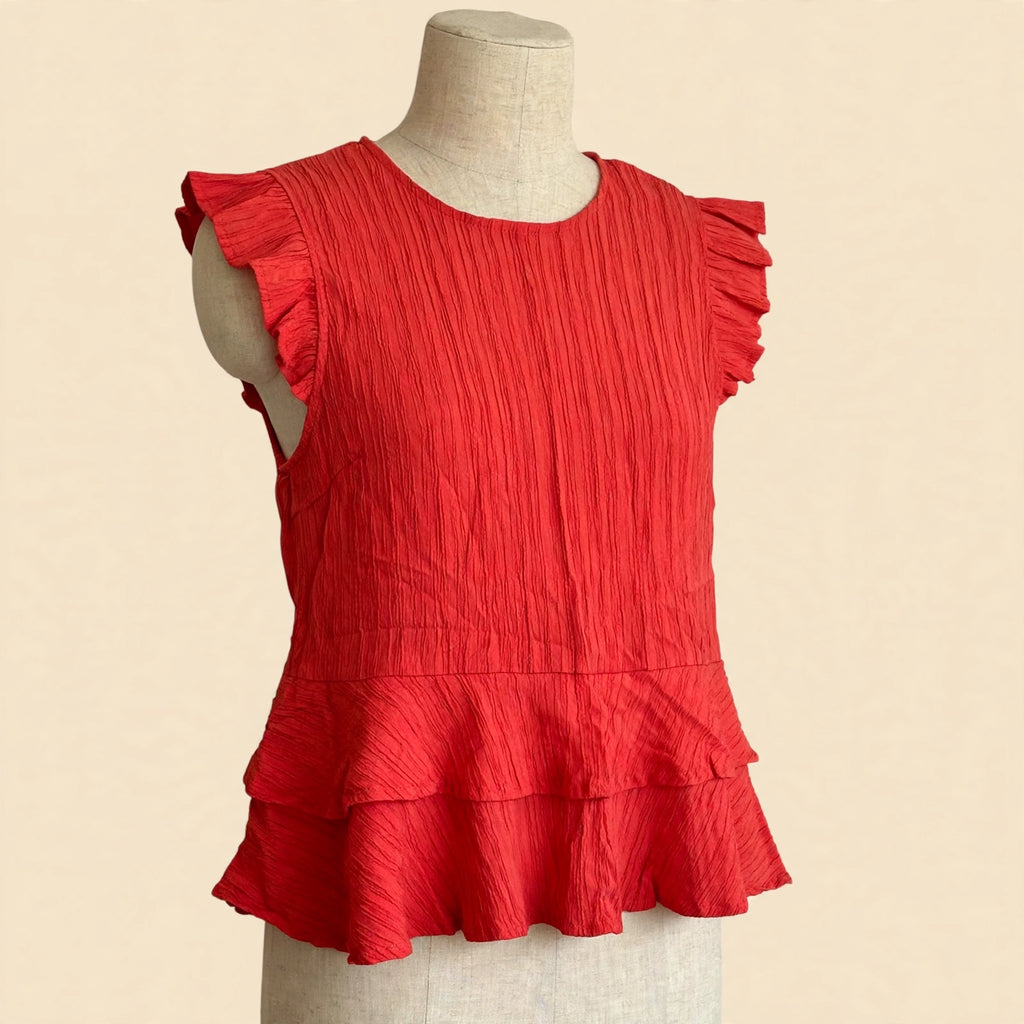 THML Red Ruffle Sleeve Tiered Hem Top- Size Med