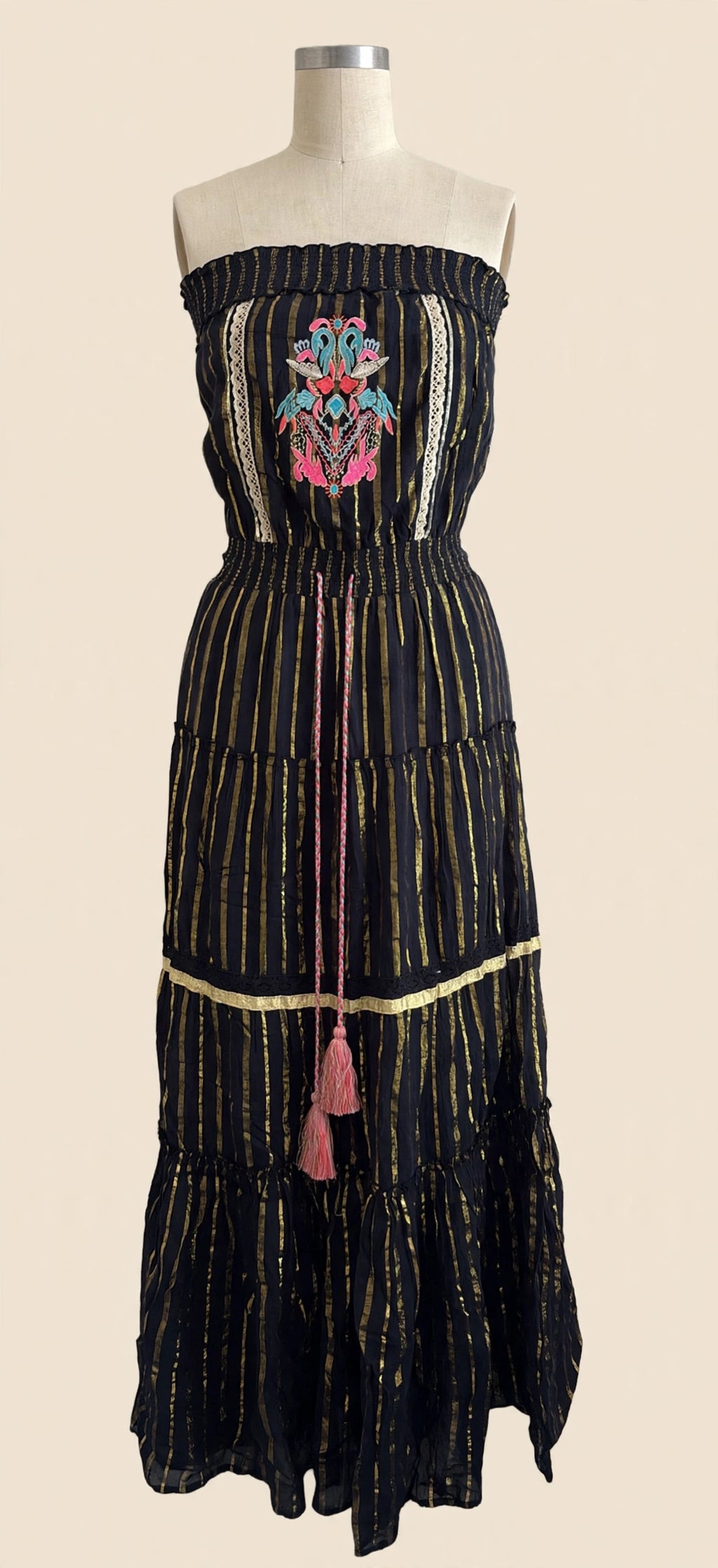 Venus Black & Gold Strapless Tiered Maxi Dress - Size XS
