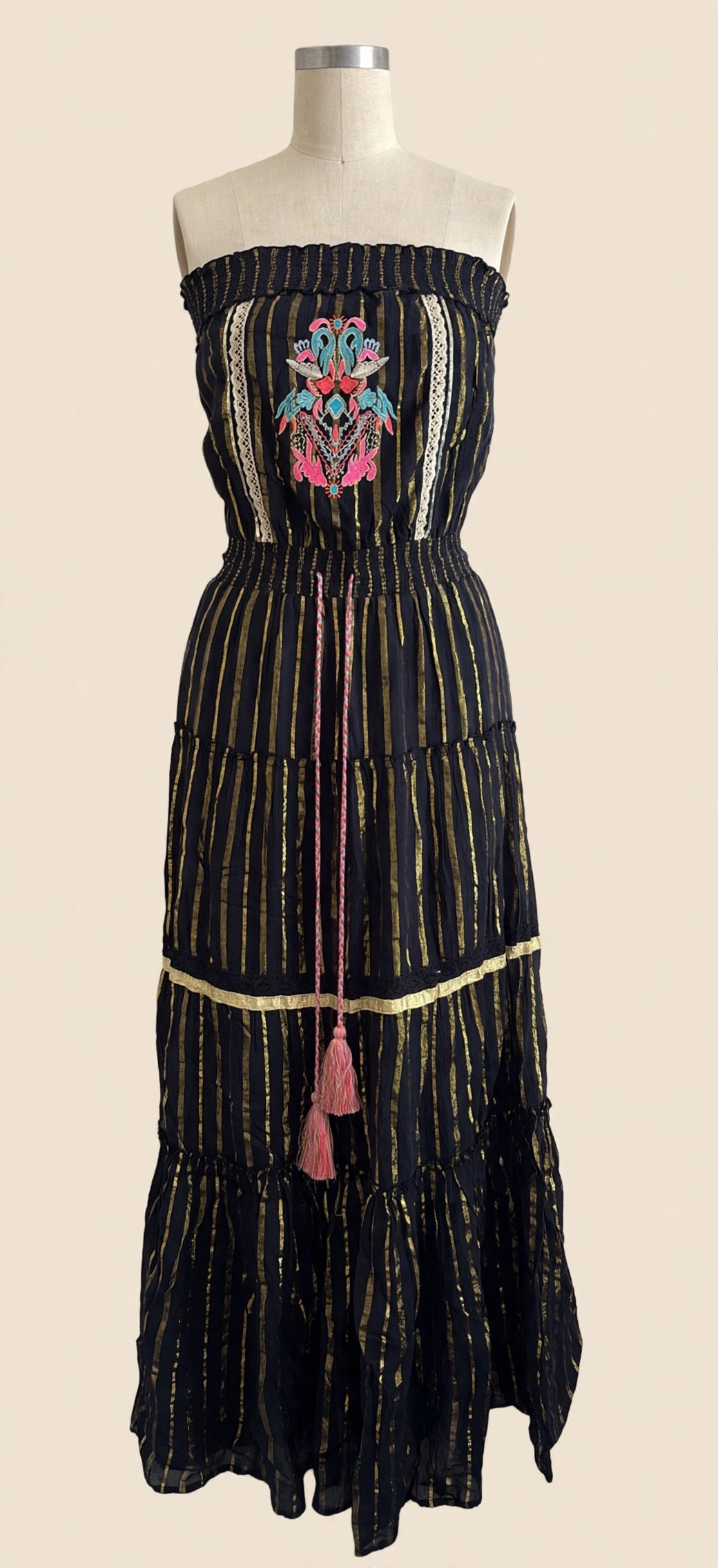 Venus Black & Gold Strapless Tiered Maxi Dress - Size XS