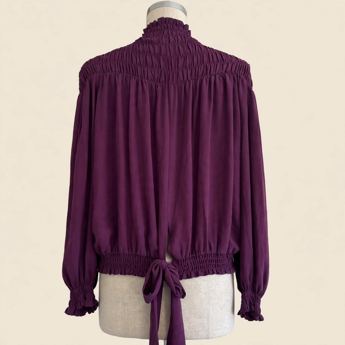 VEUS Plum Purple Smocked High-Neck Ruffle Blouse with Back Tie Size S