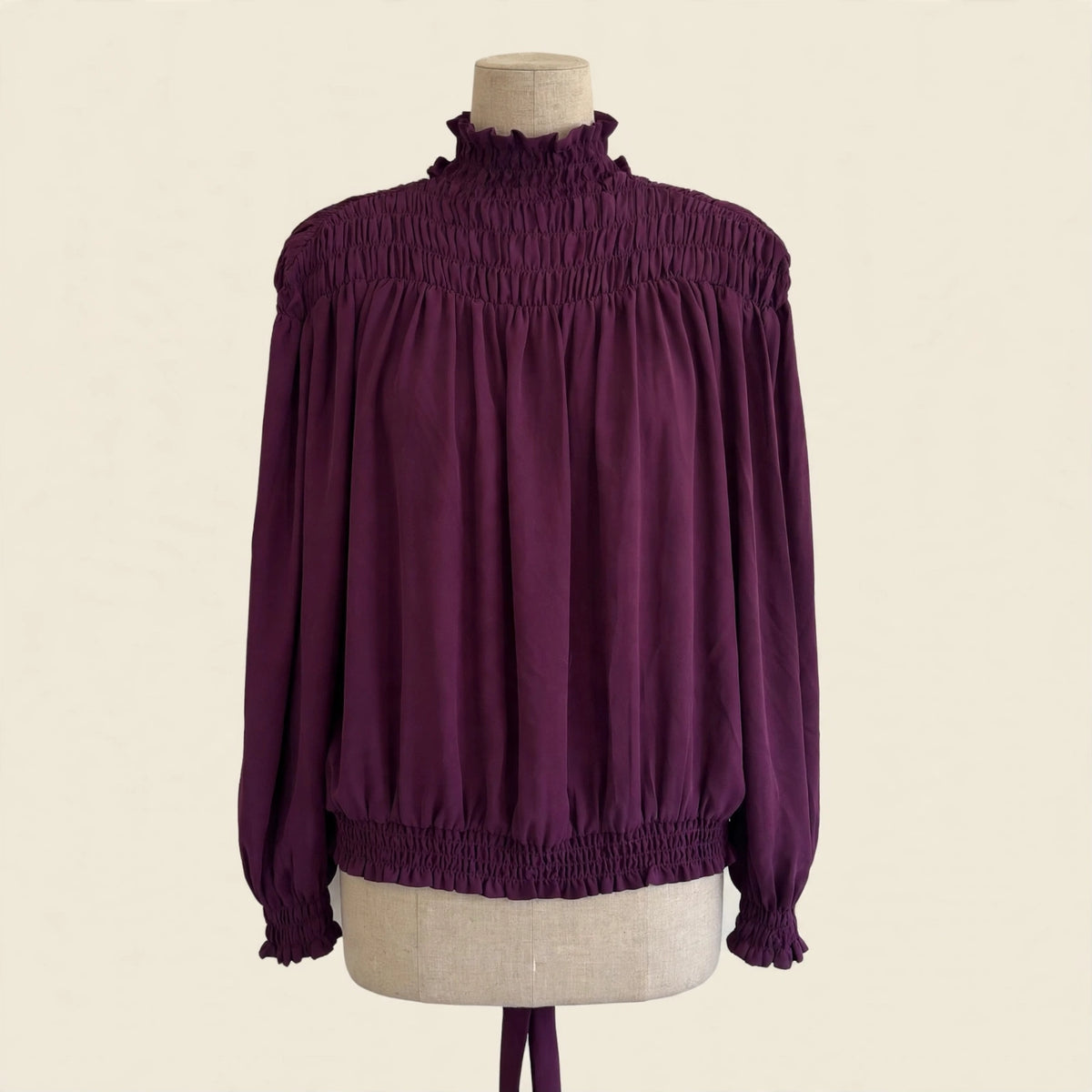 VEUS Plum Purple Smocked High-Neck Ruffle Blouse with Back Tie Size S