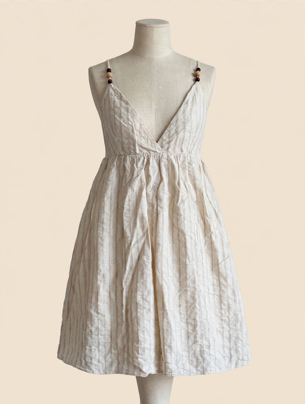Zara Cream Striped Babydoll Sundress with Beaded Straps - Size S