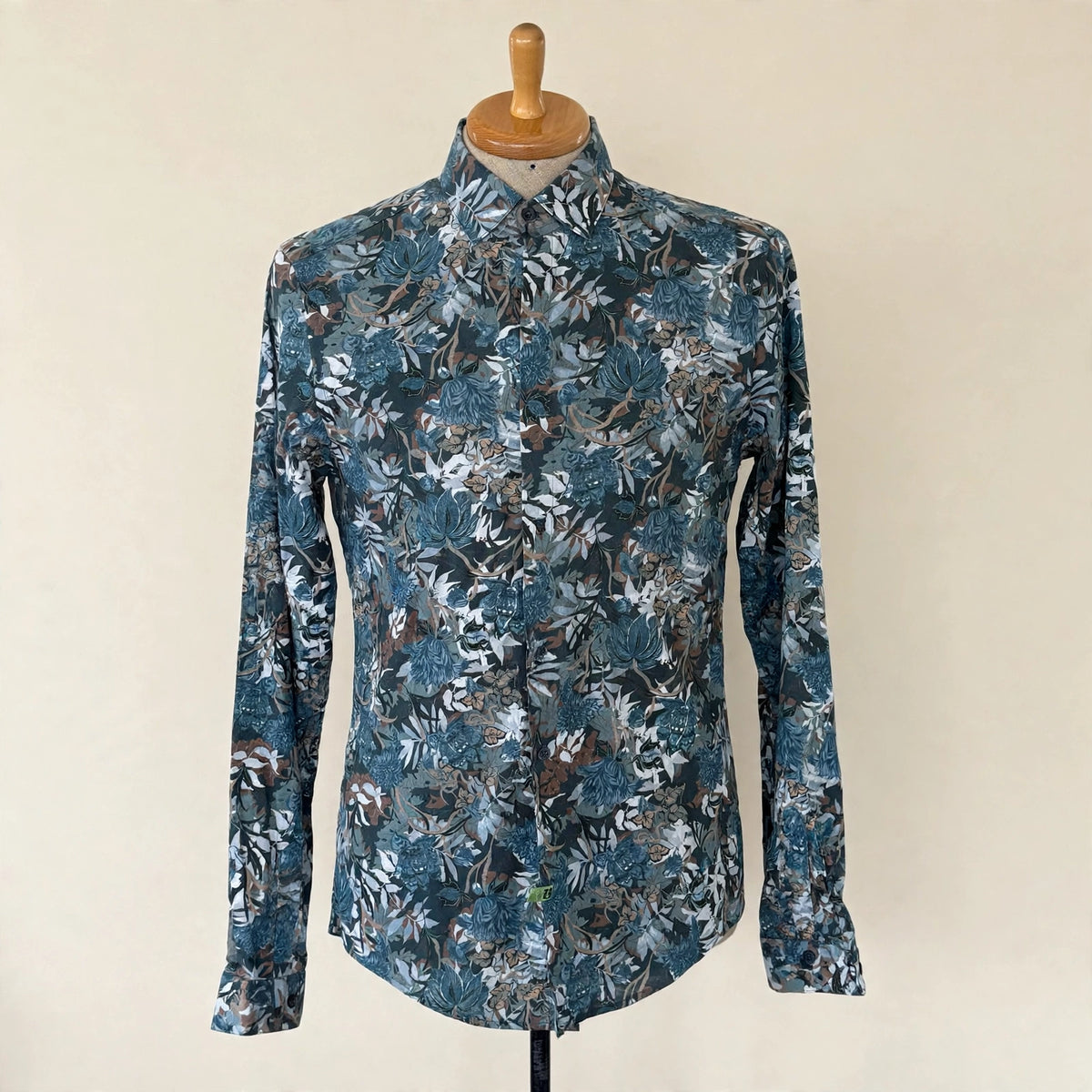 Zara Man Blue & Brown Floral Print Slim Fit Button-Down Shirt